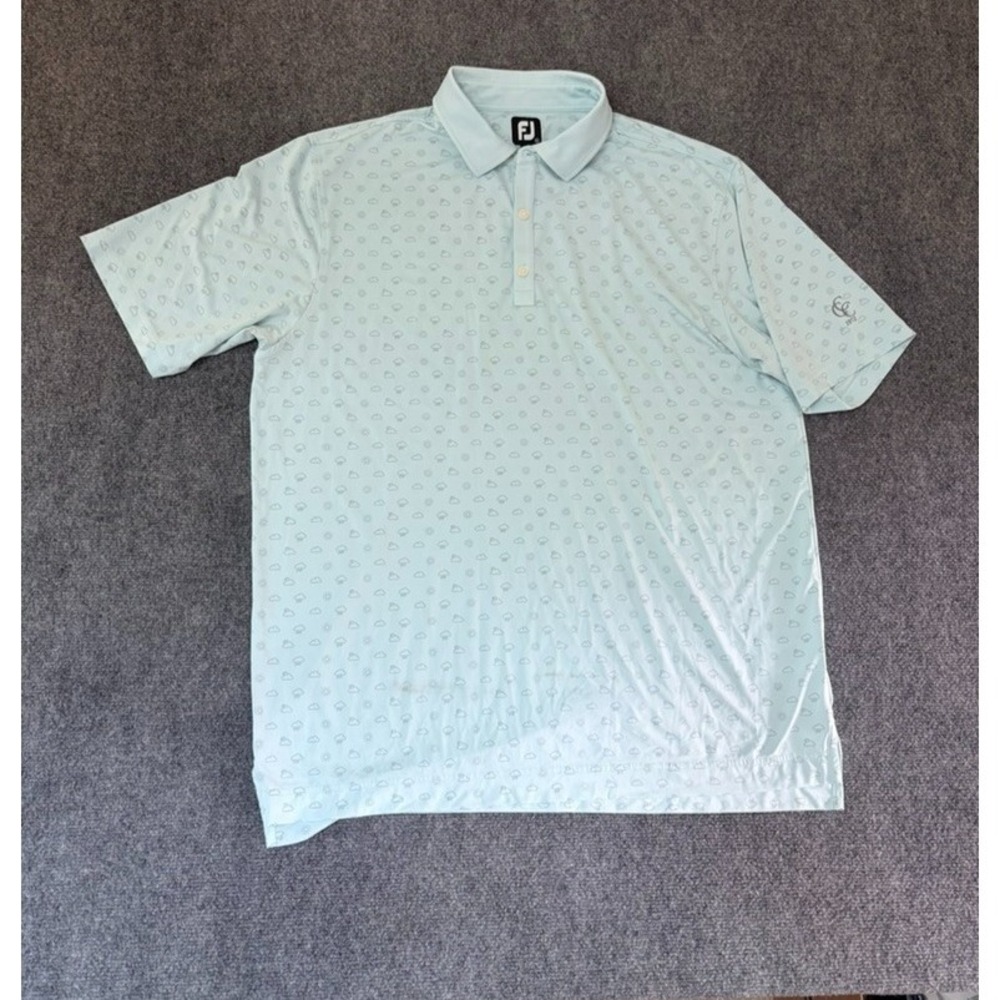FootJoy FJ Golf Polo Shirt Mens Green All-Over Print Clouds Sun Size XL W/Logo